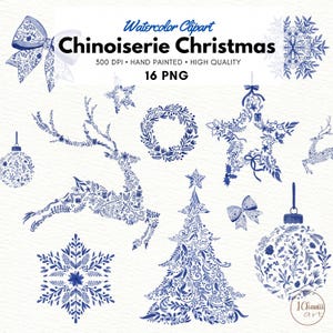 Chinoiserie Christmas Clipart, Watercolor Blue Christmas clipart, Chinoiserie Winter Print, Blue Toile flower, commercial use, PNG