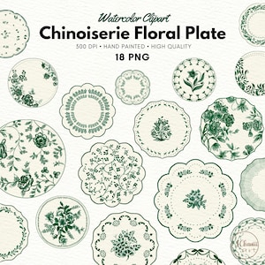 Chinoiserie Floral Plate Clipart, Watercolor Green Chinoiserie Floral clipart, Chinoiserie Print, Toile flowers, commercial use, PNG