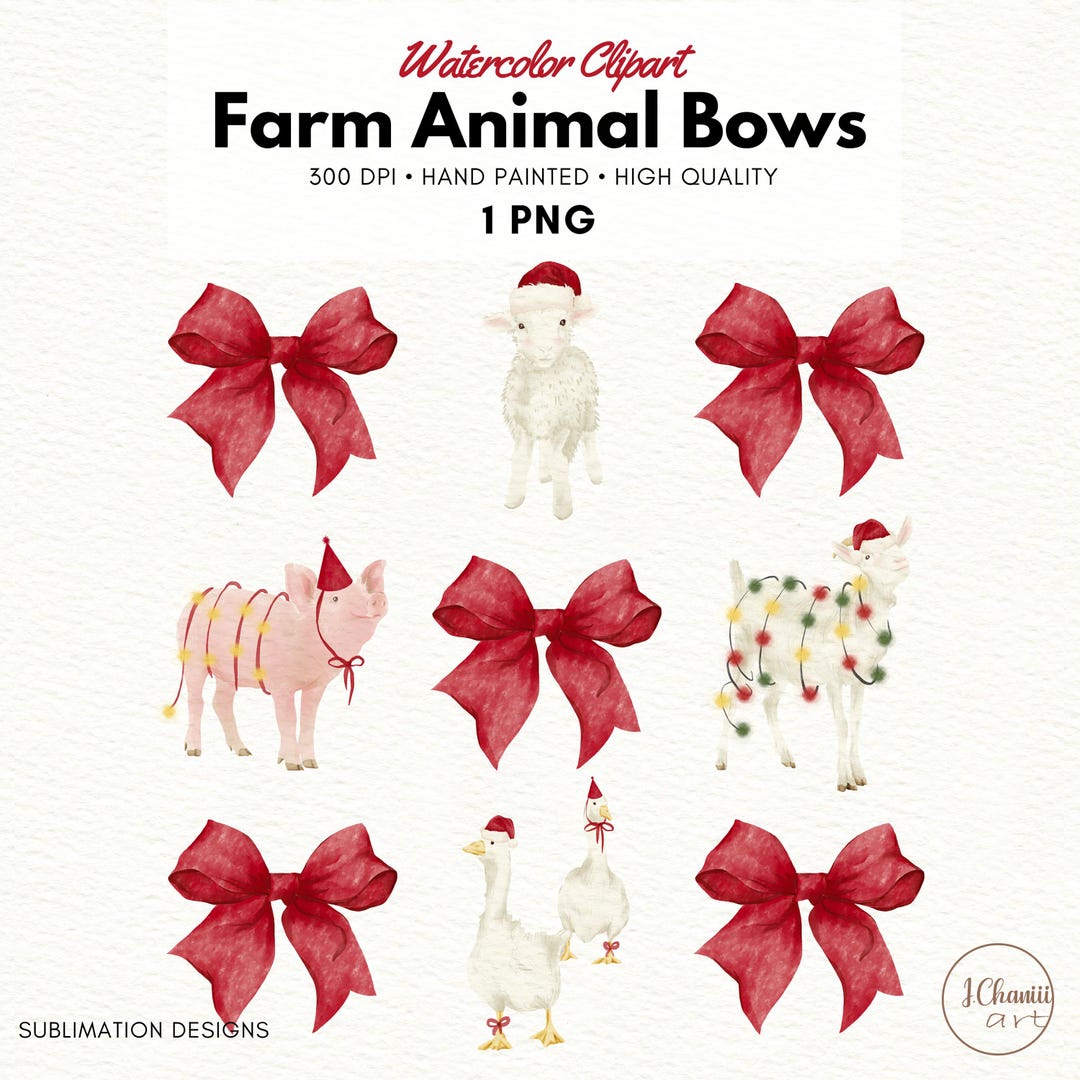 Watercolor Christmas Farm Animal PNG, Red Bow Clipart (digital Download ...