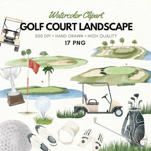 Akwarela Golf Clipart, Golf Court Landscape PNG, Turniej Golfowy, Piłka Golfowa, Wózek Golfowy, Kij Golfowy, Natychmiastowe pobieranie