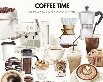 Watercolor Coffee Clipart: Coffee Mugs, Beans, and Tools (PNG)