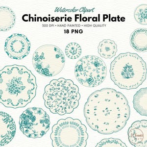 Chinoiserie Floral Plate Clipart, Watercolor mint Chinoiserie Floral clipart, Chinoiserie Print, Pastel flowers, commercial use, PNG