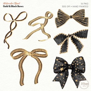 May include: Set of six watercolour illustrations of gold and black bows. The bows are hand-painted and feature different designs, including a classic bow, a bow with a star pattern, and a bow with a wavy ribbon.