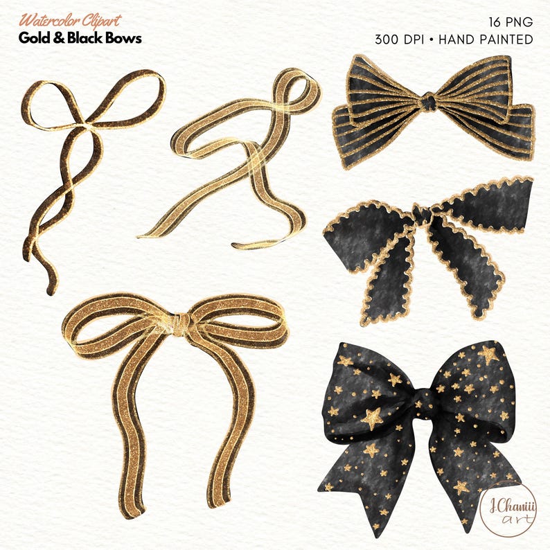 May include: Set of six watercolour illustrations of gold and black bows. The bows are hand-painted and feature different designs, including a classic bow, a bow with a star pattern, and a bow with a wavy ribbon.