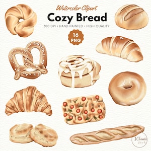 May include: A collection of 16 watercolor illustrations of various bread types, including a pretzel, a croissant, a bagel, a loaf of bread, a cinnamon roll, a focaccia, and biscuits. The illustrations are hand-painted and have a cozy, rustic feel.