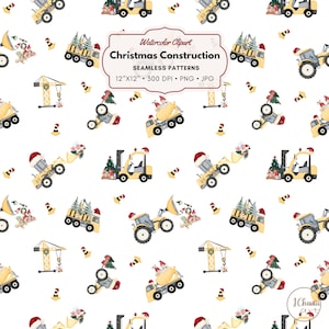 Christmas Construction Seamless Pattern: Watercolor Vehicle Print (PNG, JPG)