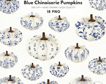 Clipart citrouille, chinoiserie bleue, aquarelle florale (PNG)