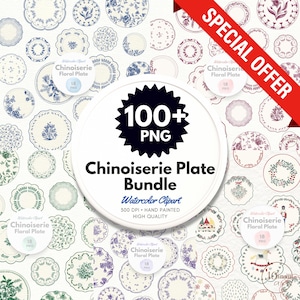 Watercolor Clipart Bundle, Chinoiserie Floral Plate Clipart, Chinoiserie Print, flowers Toile, Hand painted, commercial use, PNG