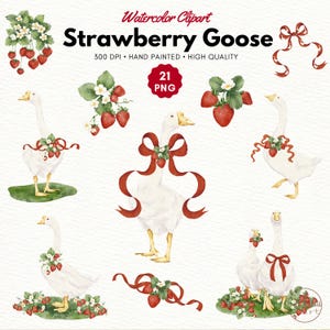 Watercolor Strawberry Goose Clipart: Nursery Art (PNG)