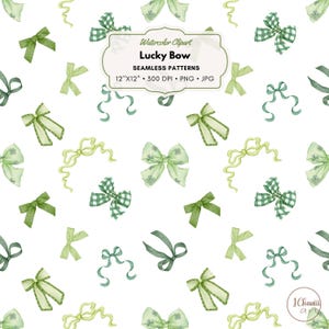 Green Coquette Bow Seamless, Watercolor St Patricks Day, Lucky Clover, Irish, Printable Repeat, Digital Paper Background, PNG, JPG