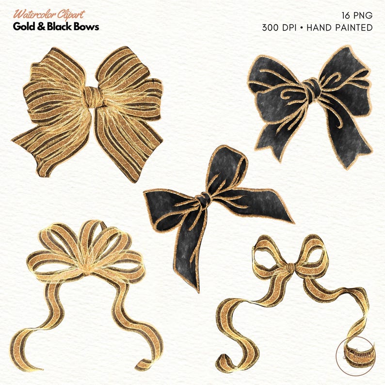 May include: Set of 6 watercolour illustrations of gold and black bows. The bows are hand-painted and have a textured, glittery look.
