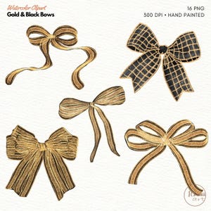 May include: Set of six watercolour illustrations of gold and black bows. The bows are hand-painted and have a textured look.