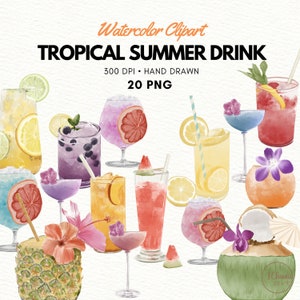 Clipart boisson d'été tropical aquarelle, cocktail, fête d'été à Hawaï, illustrations de menu de boissons signature, boissons, usage commercial, PNG