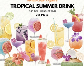 Watercolor Tropical Drink Clipart: Summer Cocktails, Hawaii Party (PNG)