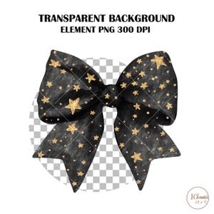 May include: A black bow with gold glitter stars. The bow is on a transparent background.