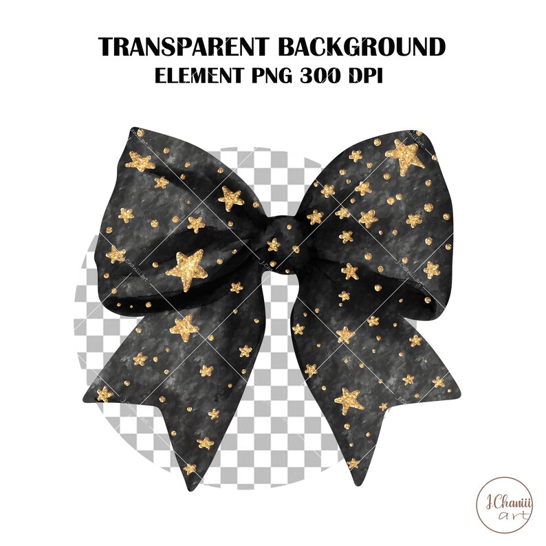 May include: A black bow with gold glitter stars. The bow is on a transparent background.