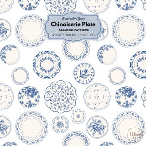May include: A seamless pattern featuring blue and white chinoiserie plates with floral designs. The pattern is perfect for creating backgrounds, wrapping paper, or fabric designs.