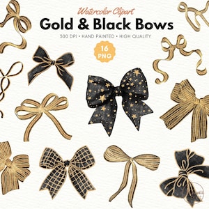 May include: A set of 16 watercolour illustrations of gold and black bows. The bows are hand-painted and come in a variety of styles, including classic, star-shaped, and plaid. The illustrations are perfect for adding a touch of elegance to any project.