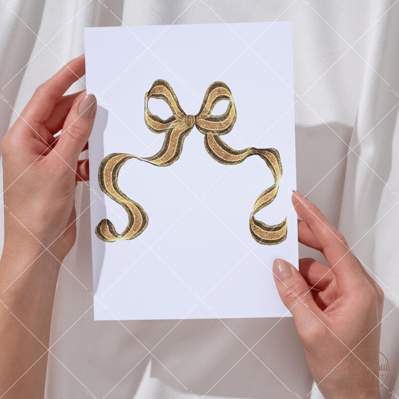 May include: A gold glitter ribbon bow with a striped pattern. The bow is tied in a knot and the ends of the ribbon are curled.