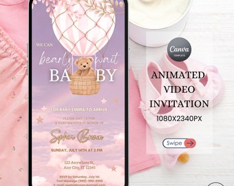 Pink Teddy Bear Baby Shower Video Invitation: Animated Canva Template (Digital Download)