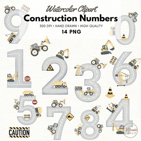 Watercolor Construction Numbers Clipart: Vehicle Birthday (PNG)