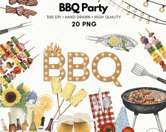 Puede incluir: Conjunto de 20 elementos de clipart de acuarela para una fiesta de barbacoa, que incluye brochetas, maíz en la mazorca, jarras de cerveza, tomates, una parrilla y un letrero que dice "BBQ".