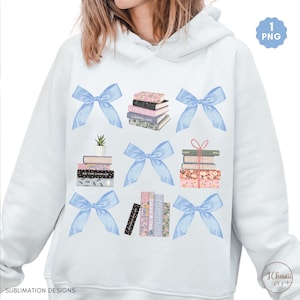 Amante de los libros PNG, lazo de acuarela para amantes de los libros, lazo azul coqueto PNG, camiseta de sublimación, diseño de taza para regalo de San Valentín, planificador digital PNG