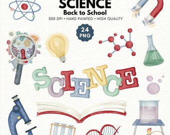 Clipart scientifiche ad acquerello: ritorno a scuola, materiale per insegnanti (file PNG)