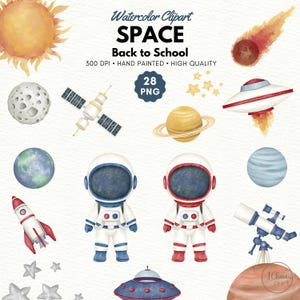 Aquarell Weltraum Clipart, niedlicher Astronaut, Planeten Clip Art, Raketen PNG, Sonnensystem, Weltraum Illustrationen für Kinder, Schulanfang Clipart