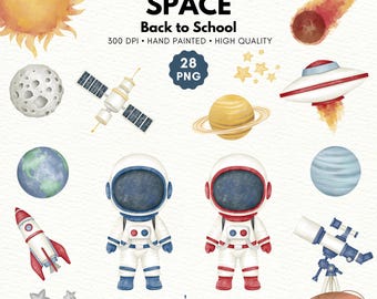 May include: Watercolor clipart set of space themed illustrations. Includes astronauts, planets, stars, a rocket, a spaceship, a telescope, and a comet.  The text "Watercolor Clipart SPACE Back to School 300 DPI HAND PAINTED HIGH QUALITY 28 PNG" is at the top of the image.