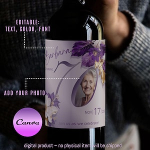 Etiquetas para garrafas de vinho para aniversário de 70 anos para impressão | Modelos editáveis de fotos Adesivos de velas Presente para a avó | Personalize a etiqueta de presente de aniversário