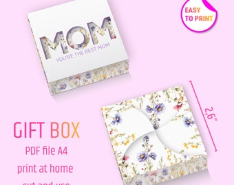 Printable gift box PDF, Gift for Mother digital download, Box for small items, Flowers Paper Box, Mini Box Mother's Day, No Glue Box