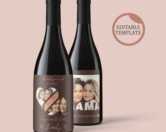 Editable Photo Mother's Day Wine Label Template, Personalized Wine Label Template Digital Download Mother's Day Gift Instant Download