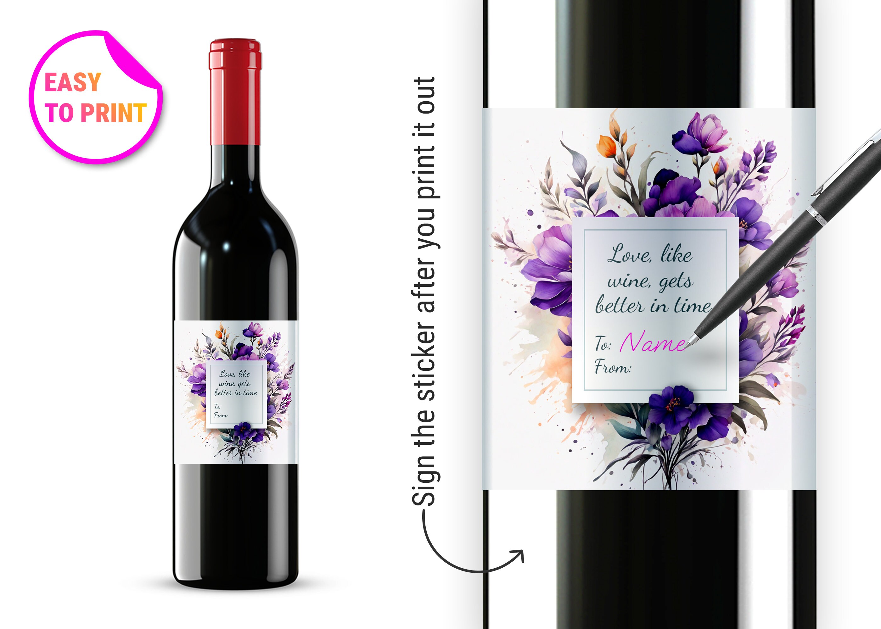 Printable Wine Bottle Label With Flowers/ Wine Bottle Stickers Wedding ...