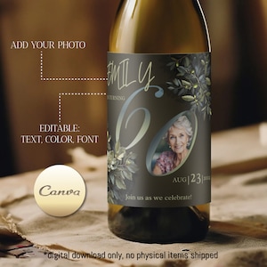 Étiquette de vin photo modifiable pour le 60e anniversaire. Fête personnalisée du 60e anniversaire. À bientôt 60 ans, autocollant imprimable vintage. PRODUIT NUMÉRIQUE.