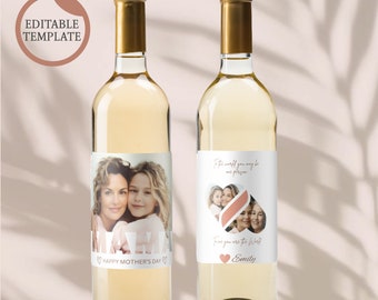 Editable Photo Mother's Day Wine Label Template, Personalized Wine Label Template Digital Download Mother's Day Gift Instant Download