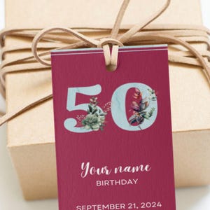 編集可能なパーソナライズギフトタグ、50歳の誕生日ワインラベル、母の50周年パーティー、50歳のシャンパンラベル、完璧な50周年記念