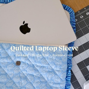 Blue Quilted Laptop Sleeve 13–16&quot; – Blue Floral with Ruffle Trim – Coastal Cottagecore Aesthetic - MacBook Cover, Machine Washable