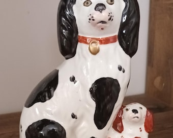 Victorian Staffordshire Wally Dog Puppy Figurine, Black Russet Mantle Dogs, Antique Porcelain