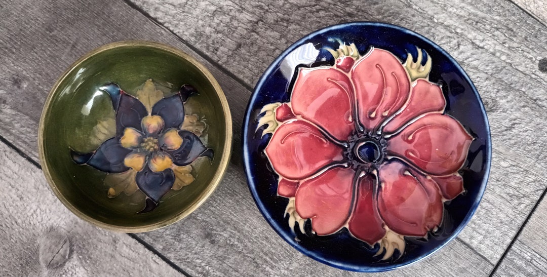 2 Moorcroft Bowls, Columbine Footed Bowl and Anemone Trinket Dish. in