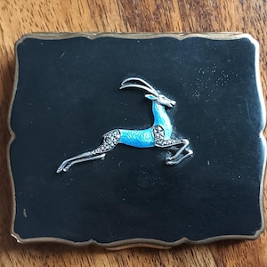 Vintage Stratton Empress Compact: Marcasite Leaping Deer, Blue Enamel