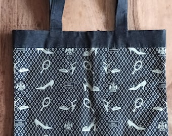 1990s Lulu Guinness Charity Tote Bag – Black Canvas Shopping Bag with Shoe & Mirror Print