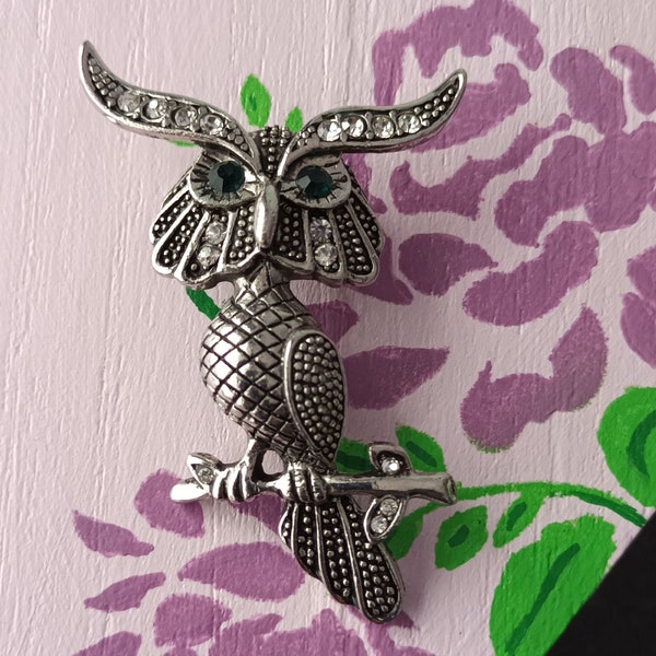 Sparkling Long Eared Owl Brooch Sitting On A Branch. Unisex Gifts. Birthday, Anniversary, Valentine, Christmas. Fathers Or Mothers Day Gift