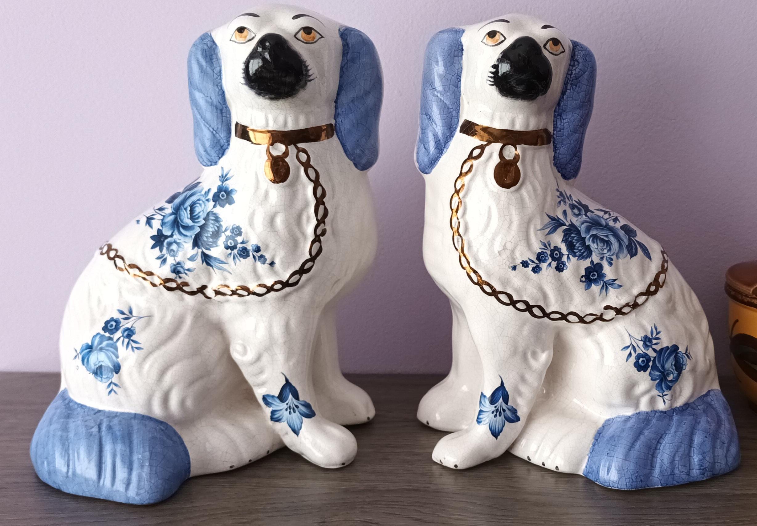 Large 19th Century Victorian 1890s, Blue Floral And White Staffordshire King Charles Mantel, Wally Dogs Antique Dogs. Free UK Delivery.