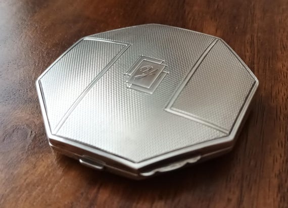 Art Deco Silver Powder Compact: British Hallmark,… - image 1