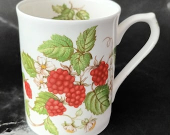 Roy Kirkham Fine Bone China Mug • Raspberry Fruit Garden • English 1990s Vintage Kitchenware