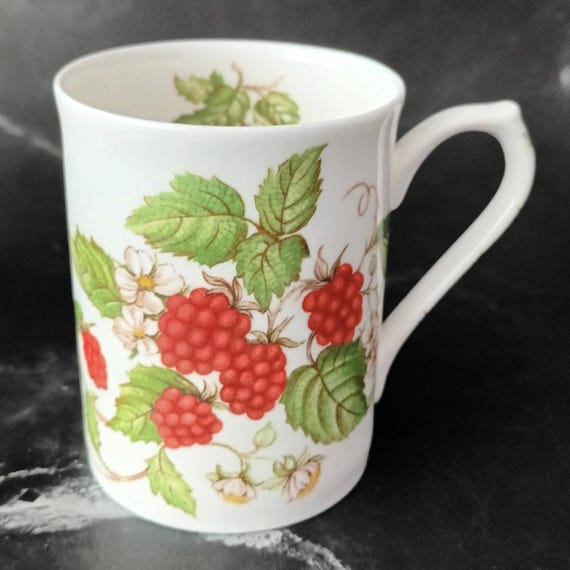Roy Kirkham Fine Bone China Mug • Raspberry Fruit Garden • English 1990s Vintage Kitchenware