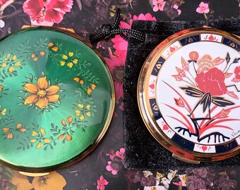 KIGU Green Enamel Floral & Stratton Floral With Hearts Powder Compacts. Gift For Her Birthday, Anniversary, Valentines Or Christmas.