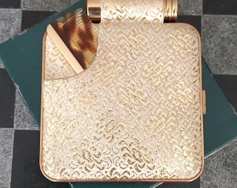 Vanity Compact Set With Comb And Lipstick Holder. Gold And Cream Woven Brocade, 1950s Carryall. Birthday, Christmas Or Anniversary Gifts.