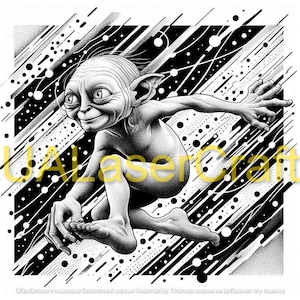 May include: Black and white illustration of a goblin-like creature with large ears and a mischievous expression. The creature is depicted in a dynamic pose, with its arms and legs outstretched, against a background of abstract lines and dots.